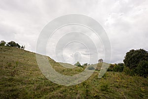 Pidkamin inselberg stone on hill landscape. Ukraine