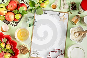 pie baking ingredients with apples spices and tools. Cooking apple pie.