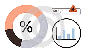Analytics Concept with Pie Chart and Bar Graph Highlighting Cybersecurity Alert