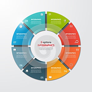 Pie chart circle infographic template with 8 options.