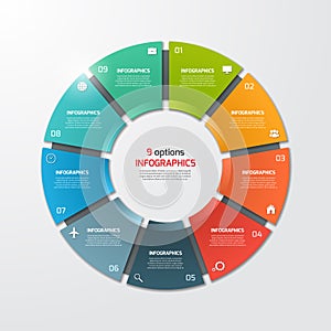 Pie chart circle infographic template with 9 options.