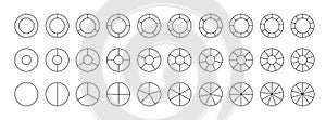 Pie chart circle outline template. Diagram structure divided from 1 to 12 into pieces. Segmented circles set isolated.