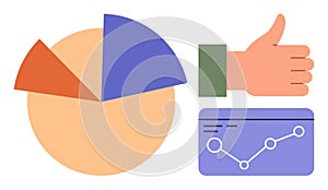 Data Analytics with Pie Chart, Growth Line Graph, and Positive Feedback Icon