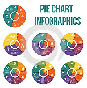 Pie chart diagram data Elements For Template infographic. Infographics for 2, 3, 4, 5 ,6, 7, 8 positions. Set of business icons