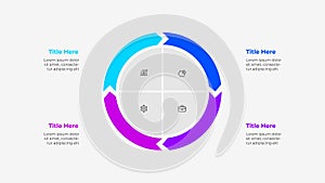 Pie chart diagram divided into 4 parts. Cycle arrows infographic template