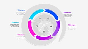 Pie chart diagram divided into 5 parts. Cycle arrows infographic template