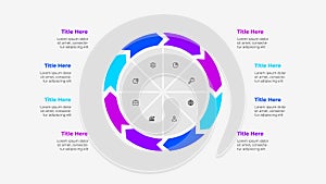 Pie chart diagram divided into 8 parts. Cycle arrows infographic template