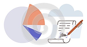 Pie Chart with Document and Pen Symbolizing Data Analysis and Digital Documentation
