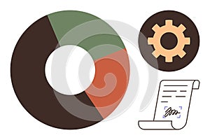 Pie Chart, Gear Icon, and Signed Document Representing Data Analysis and Workflow Efficiency