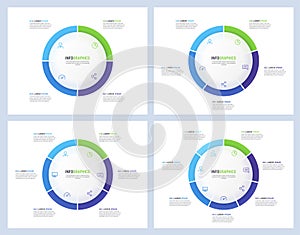 Pie chart infographic templates divided by 4 5 6 7 parts. Vector illustration