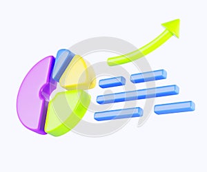 Pie chart, isometric infographic diagram with growth graph. Cartoon 3d render stock market forecast, economy analysis