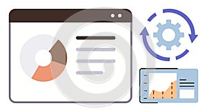 Data Analysis with Pie Chart, Line Graph, and Gear Representing Process and Optimization