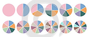 Pie chart parts for infographic. Circle sections 4, 8, 12. Percent graph, diagrama statistic wheel. Slice vector graphic