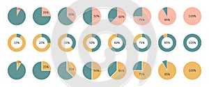 Pie chart percentage color set. Circle graph statistic diagram. Segment infographic. 25,50,60,75 slice element. Data