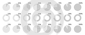 Pie chart percentage icons set. Circle graph statistic diagram. Segment infographic. 25,50,60,75 slice element. Data