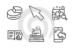 Pie chart, Search map and Typewriter icons set. Vector