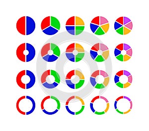 Pie chart set of 20 colourful flat circular diagrams