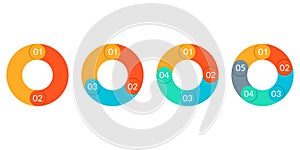 Pie chart set. Circle diagram design. Circular graph with 2, 3, 4, 5 steps for business presentation. Progress wheel infographic