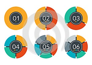 Pie Chart set. Circle graph or diagram wit 6 steps, sections oe parts. Round infographic template for Ui, web and graphic design.