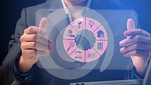 A pie chart with symbols for supporting real estate transactions on the transparent screen of a demonstration tablet in