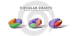 Pie charts data presentation. Set of 3D circular graphs. Colorful infographics graphic elements