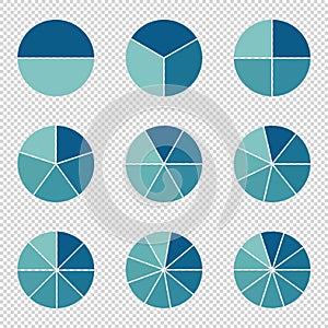 Pie Charts - .Different Subdivisions - Vector Illustration - Isolated On Transparent Background