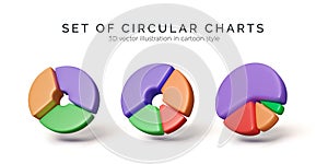 Pie charts icons. Set of 3D circular graphs. Render round diagram for infographics and statistics visualization