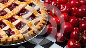 a pie and cherries on a checkered surface