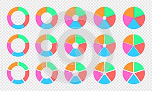 Pie and donut charts set. Colorful circle diagrams divided in 5 sections. Infographic wheels. Round shapes cut in five