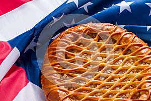 Pie laying on american flag.