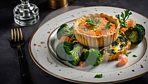 Pie with salmon and broccoli a restaurant delicious deliciously appetizing photo