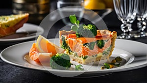 Pie with salmon and broccoli a restaurant delicious deliciously appetizing appetizing photo