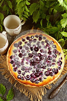 Pie with sour cream and blueberries. Homemade baking.