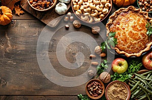 A Pie Surrounded by Thanksgiving Foods on Wooden Table