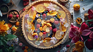 a pie topped with fruit and flowers on a table