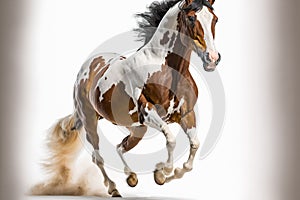 Piebald Horse galloping alone on a white background