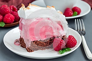 Piece of baked Alaska with chocolate sponge cake, raspberry ice