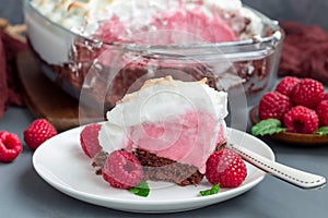 Piece of baked Alaska with chocolate sponge cake, raspberry ice cream and meringues, on white plate, horizontal