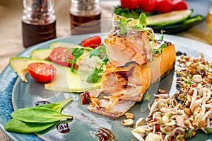 A piece of baked red fish with a side dish of sprouts and avocado salad. Macrobiotic food concept. Healthy food