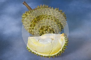 Piece of beautiful yellow aril of durian and fruit photo