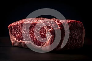 Piece of beef meat intended for a cutlet, with a high fat content, placed on a dark background.
