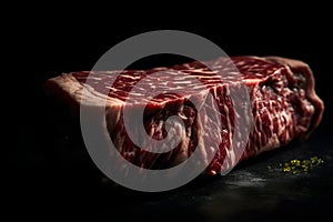 Piece of beef meat intended for a cutlet, with a high fat content, placed on a dark background.