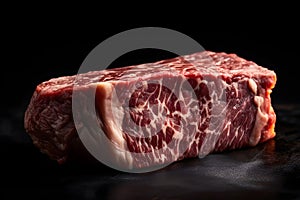 Piece of beef meat intended for a cutlet, with a high fat content, placed on a dark background.