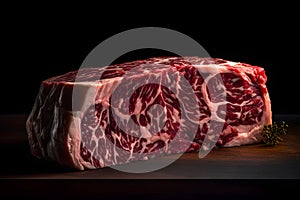 Piece of beef meat intended for a cutlet, with a high fat content, placed on a dark background.