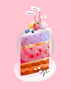 Piece of birthday cake with berries