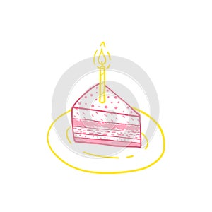 Piece of birthday cake with a candle. Vector sketch hand drawn. On a silver platter.