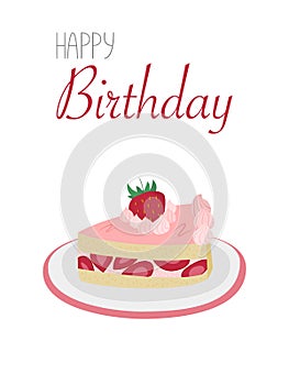 Piece of birthday cake on a happy birthday greeting card. Birthday card with printable cake. Vector illustration of