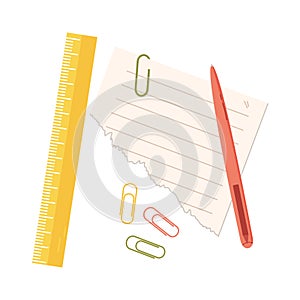 Piece of blank line note paper with pen, paper clips and ruler. Vector illustration