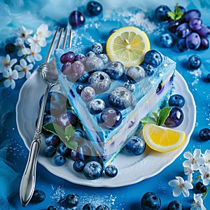 piece of blue birthday cake with blueberries and lemons
