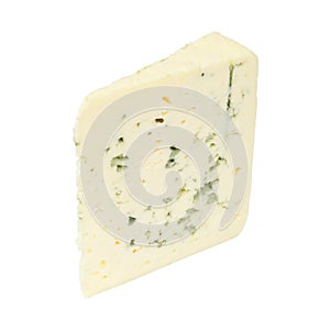 A piece of blue cheese on a white background, close-up